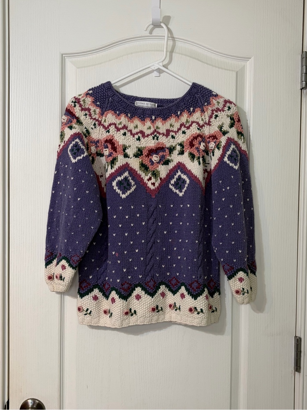 Vintage Hand-Knit Purple Floral Yoke Crewneck Sweater
